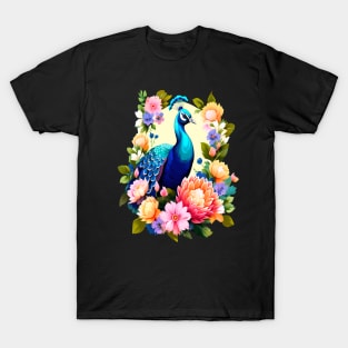 A Cute Peacock Surrounded by Bold Vibrant Spring Flowers T-Shirt